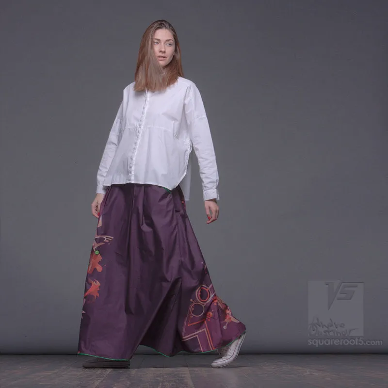Long cotton skirt "Samurai Girl" model: "Cosmic Monochrome Purple"