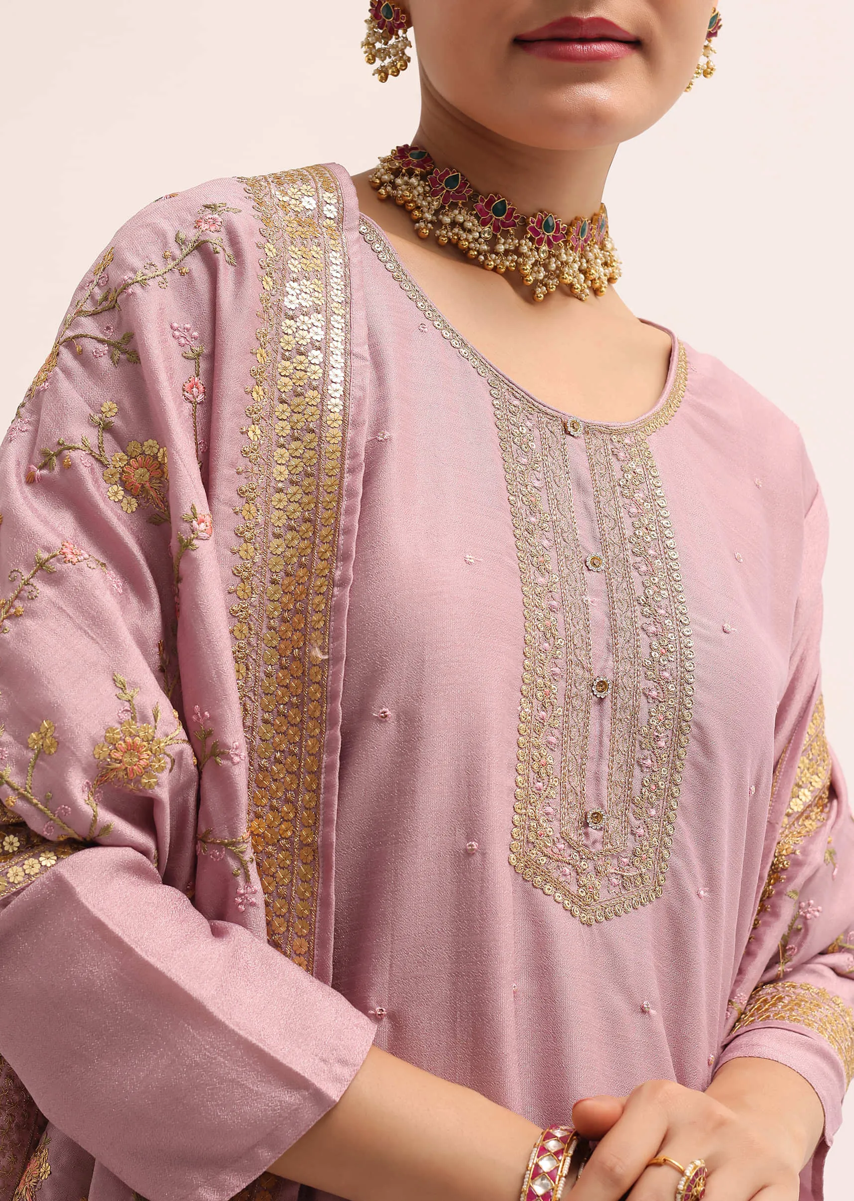Mauve Pink Georgette silk Kurta Set With Dupatta