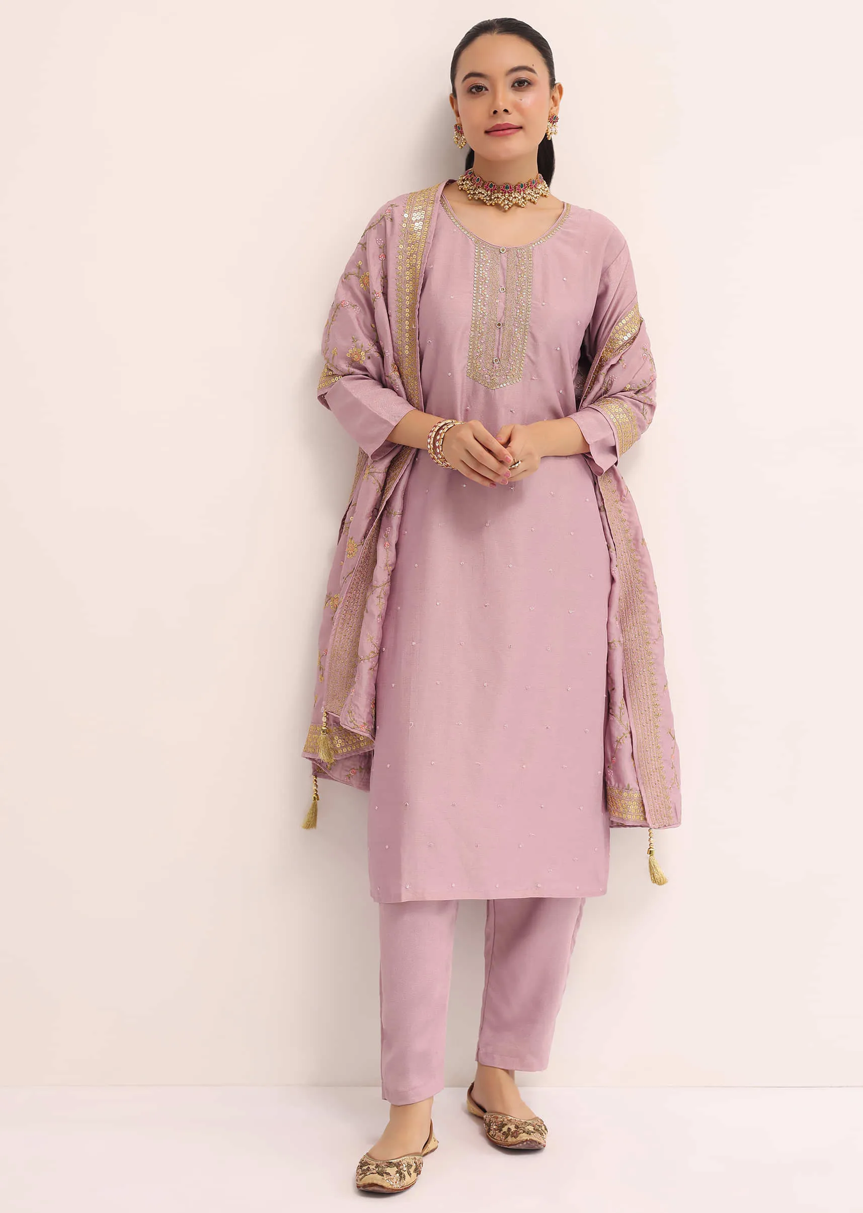 Mauve Pink Georgette silk Kurta Set With Dupatta