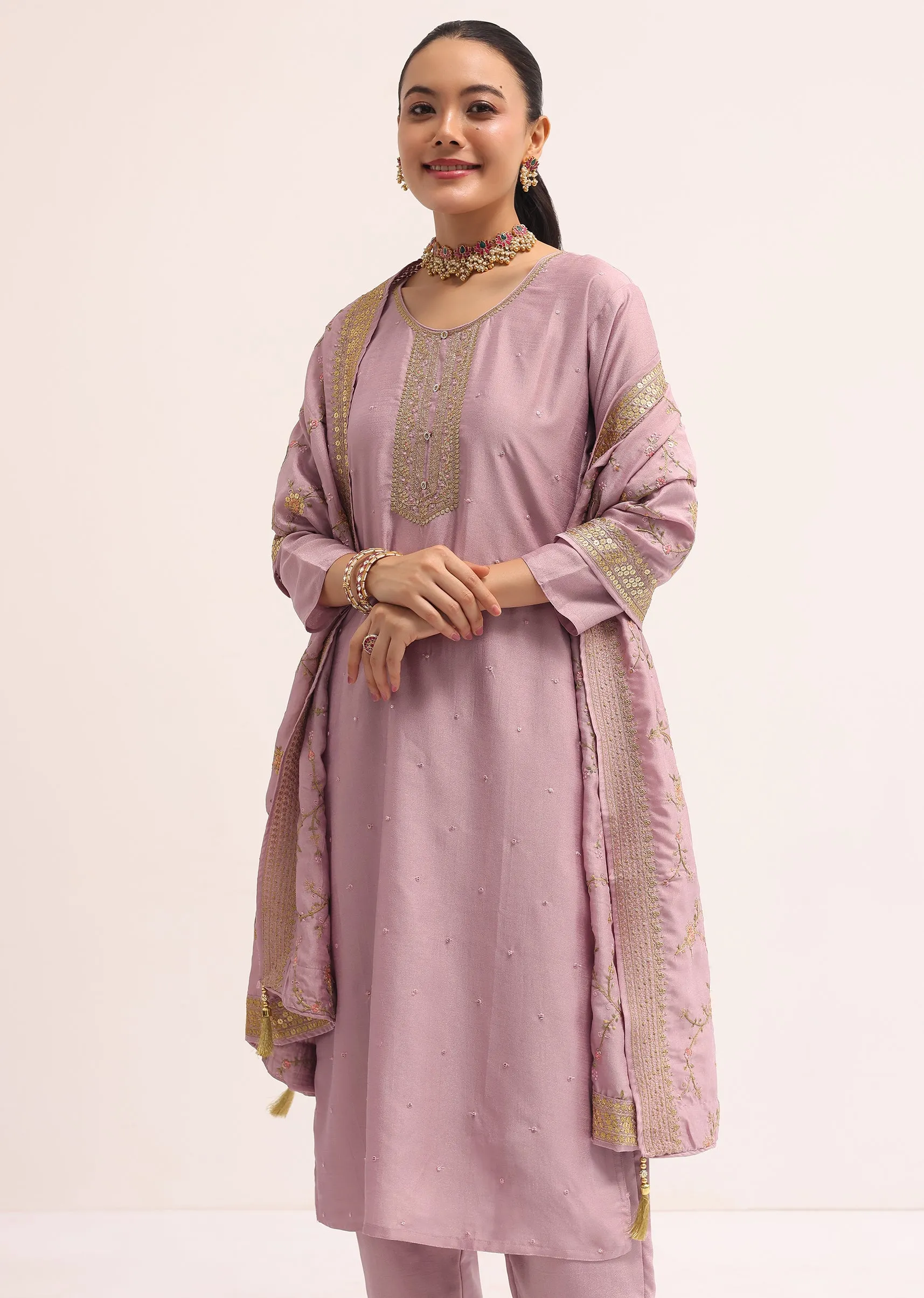 Mauve Pink Georgette silk Kurta Set With Dupatta