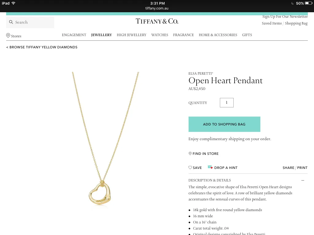 Tiffany & Co. Yellow Diamond & 18k Yellow Gold 'Small' Heart Pendant/Necklace