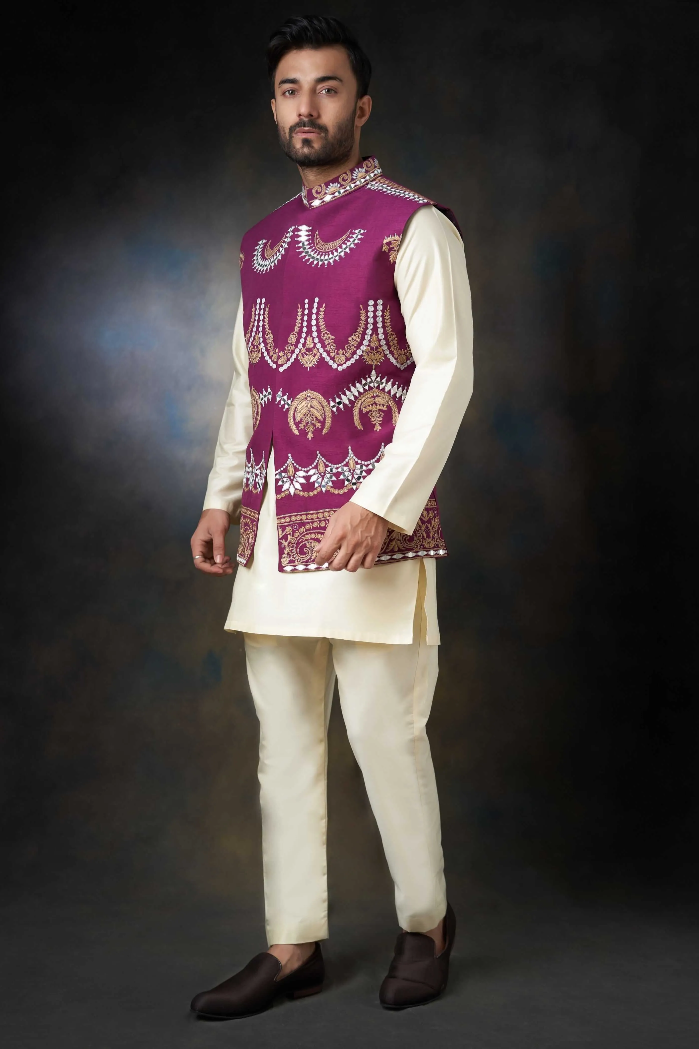 Tyrian Purple Handcrafted Embroidered Waistcoat