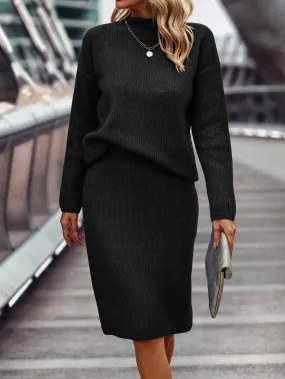 Women's Knitted Sweater & Skirt Set: High Neck, Long Sleeve, Fitted