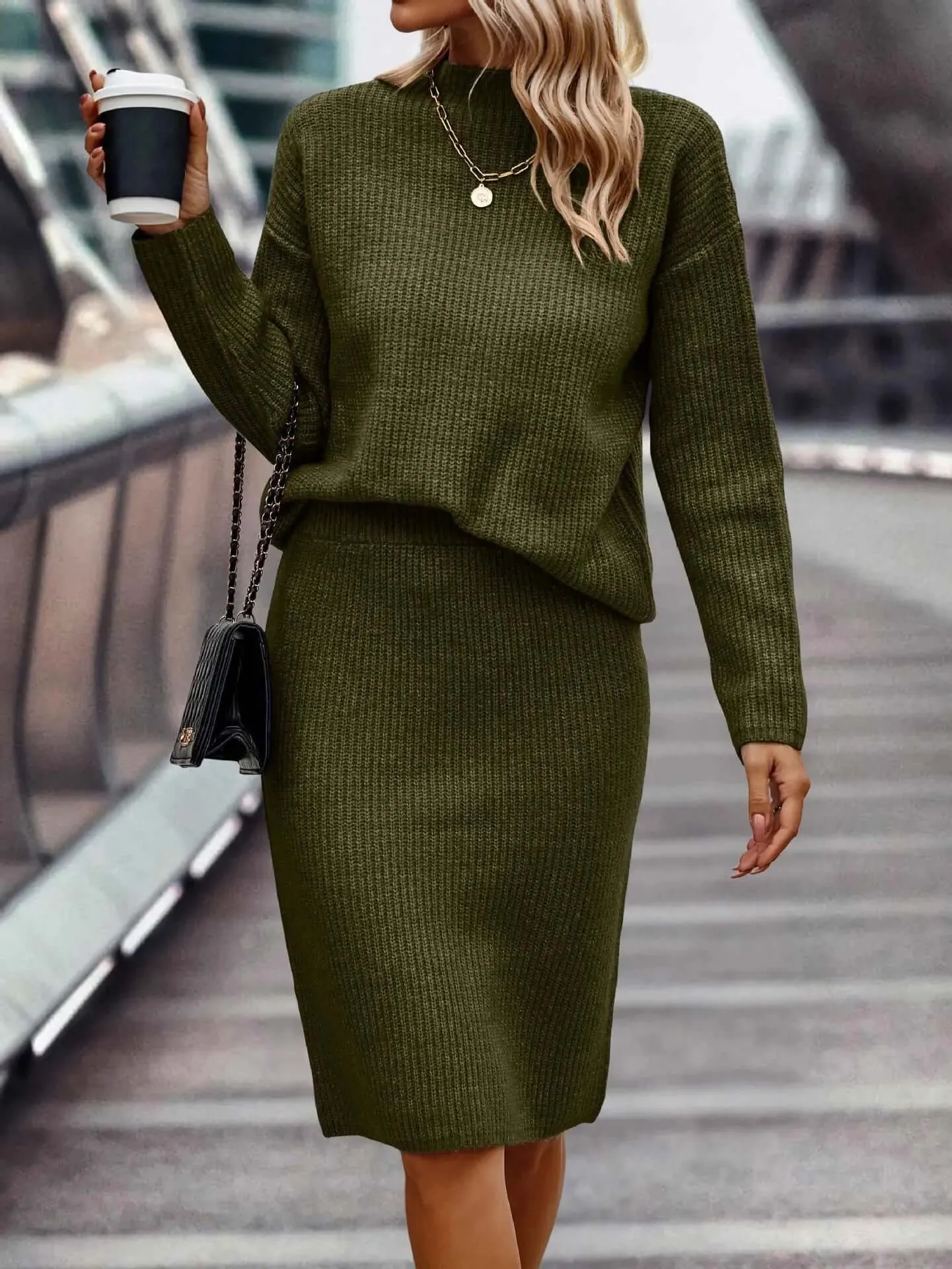 Women's Knitted Sweater & Skirt Set: High Neck, Long Sleeve, Fitted