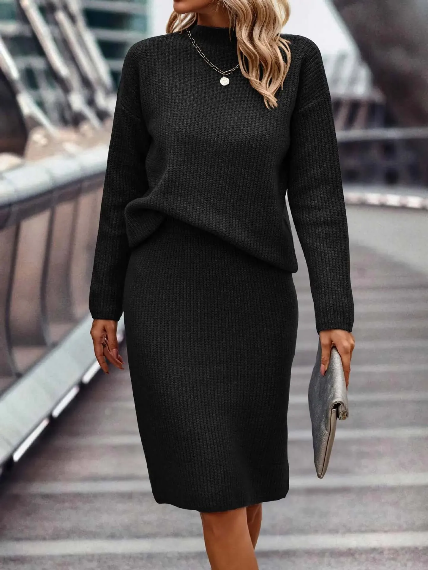 Women's Knitted Sweater & Skirt Set: High Neck, Long Sleeve, Fitted