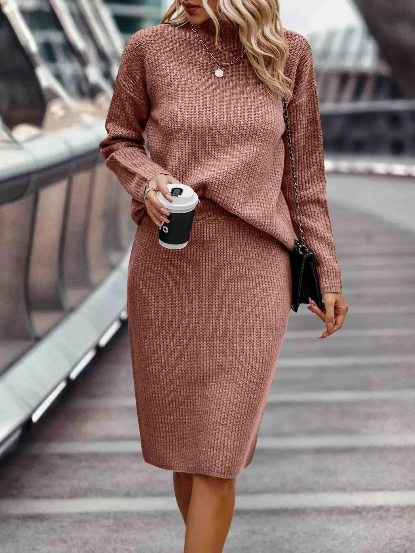 Women's Knitted Sweater & Skirt Set: High Neck, Long Sleeve, Fitted