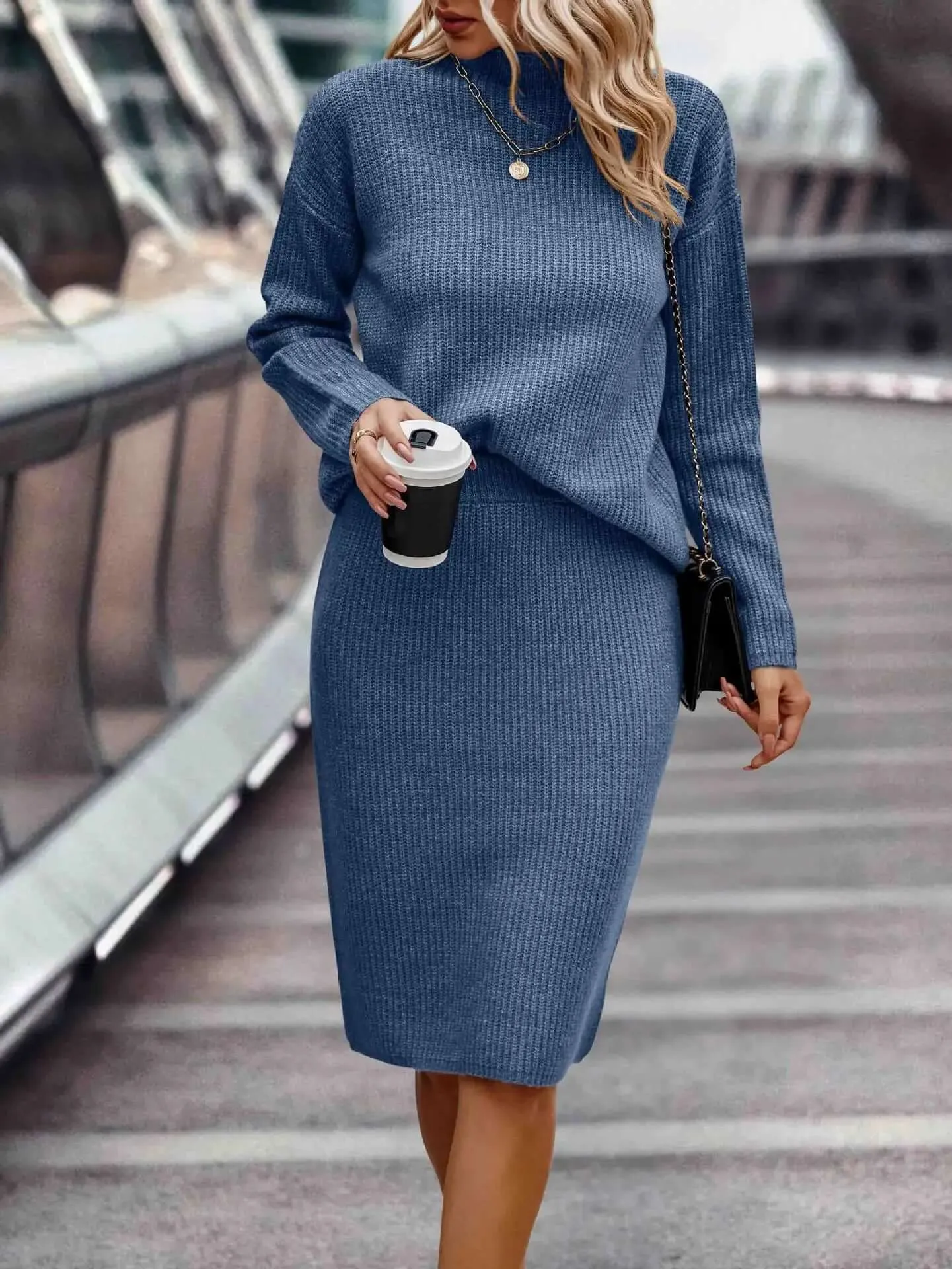 Women's Knitted Sweater & Skirt Set: High Neck, Long Sleeve, Fitted